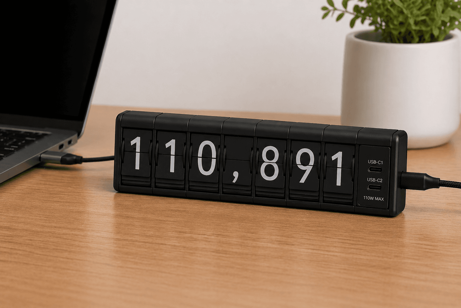 Token Counter device concept render — flip-clock counter plugged into a laptop